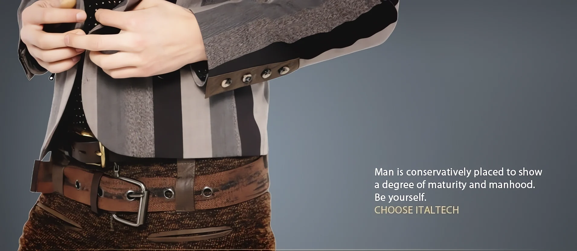 Brown leather belt with silver buckle on a man in a striped jacket