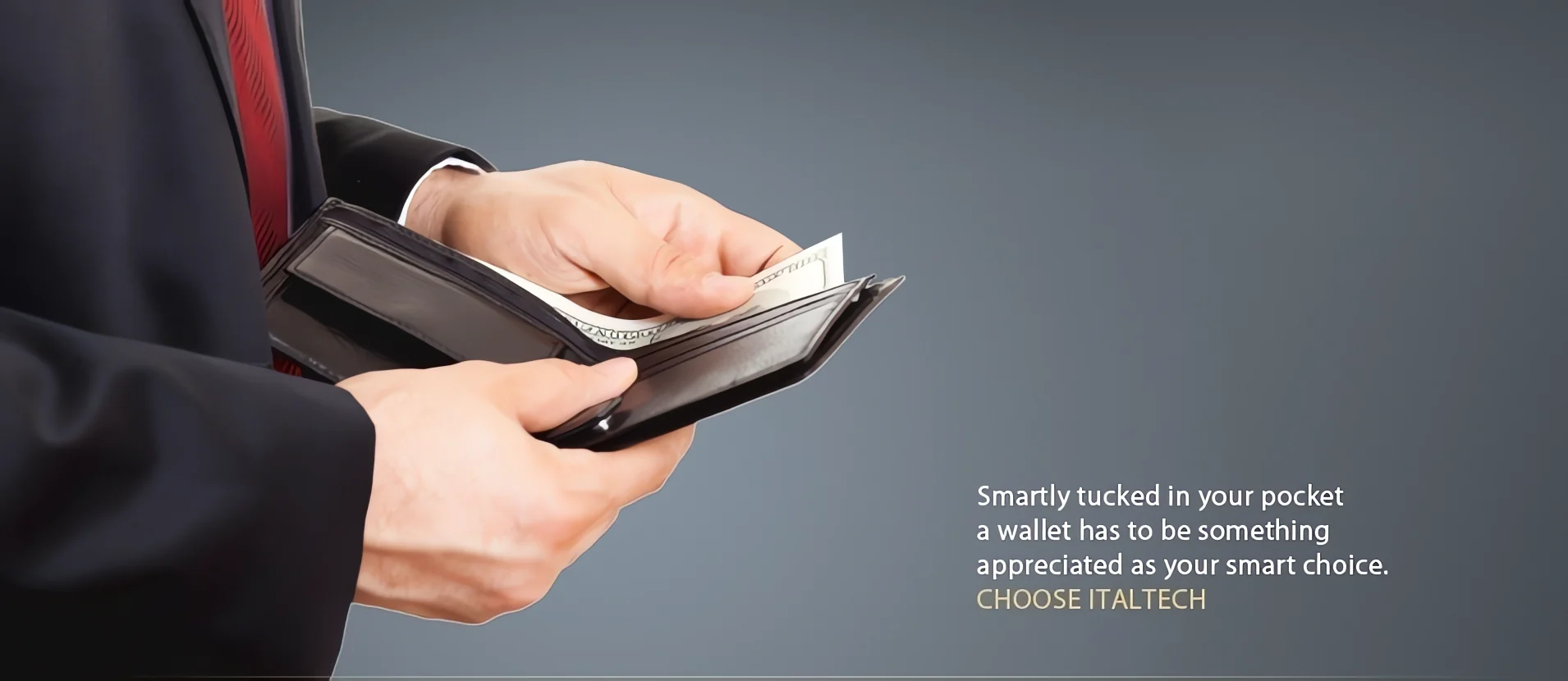 Man opening a black leather bifold wallet